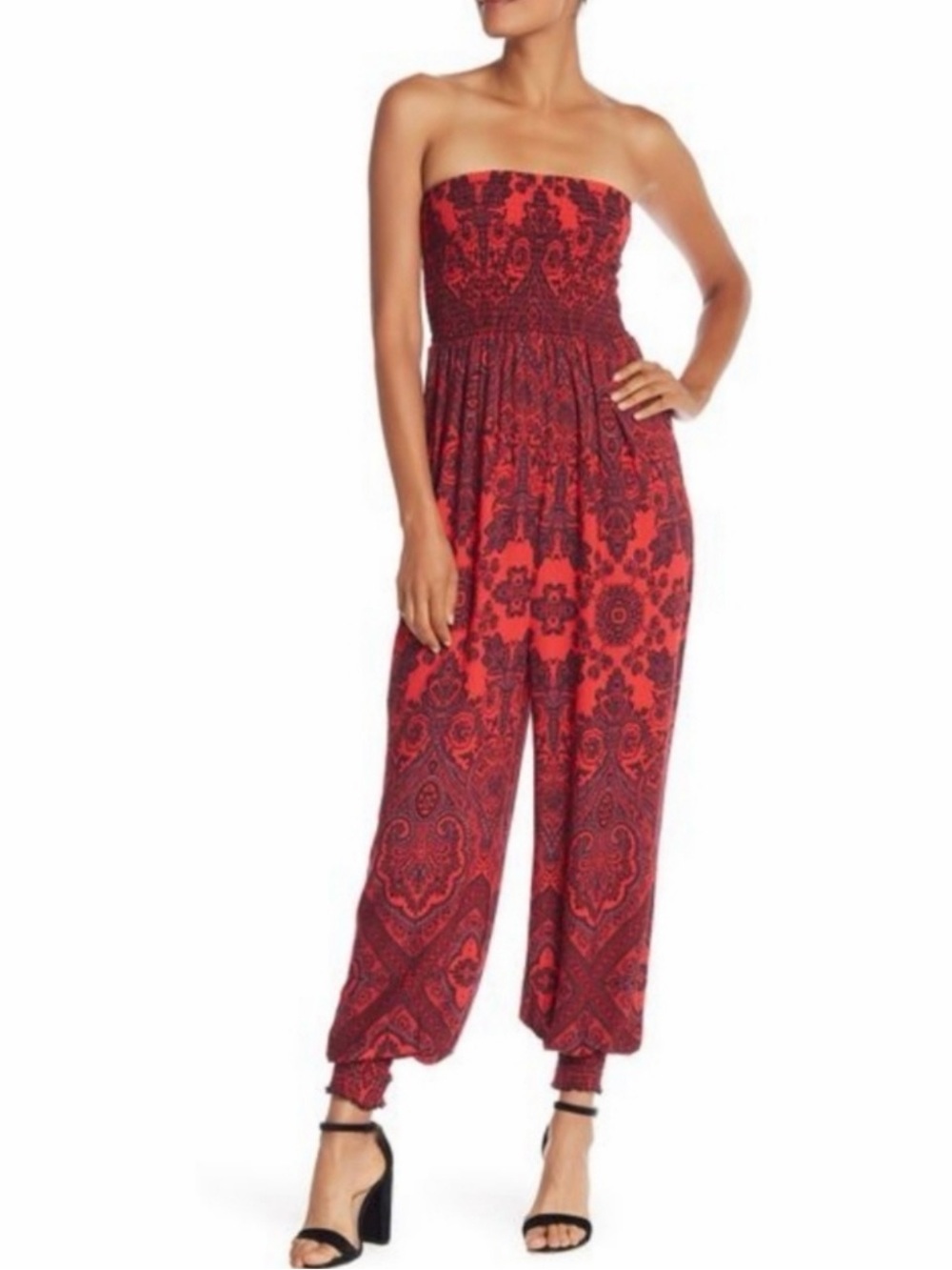 Free People Thinking of You Red and Black Paisley Strapless Jumpsuit